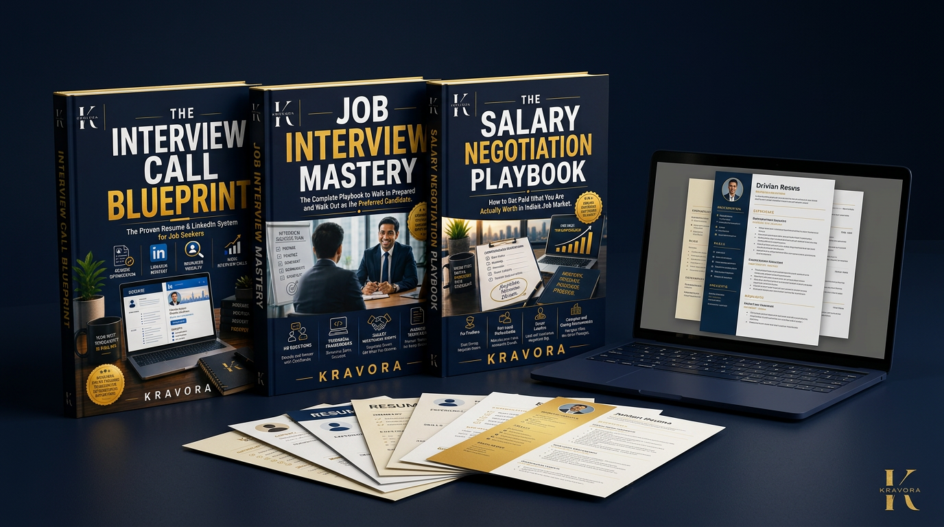 Kravora Career Launch Kit – three premium career guides, resume templates, and laptop